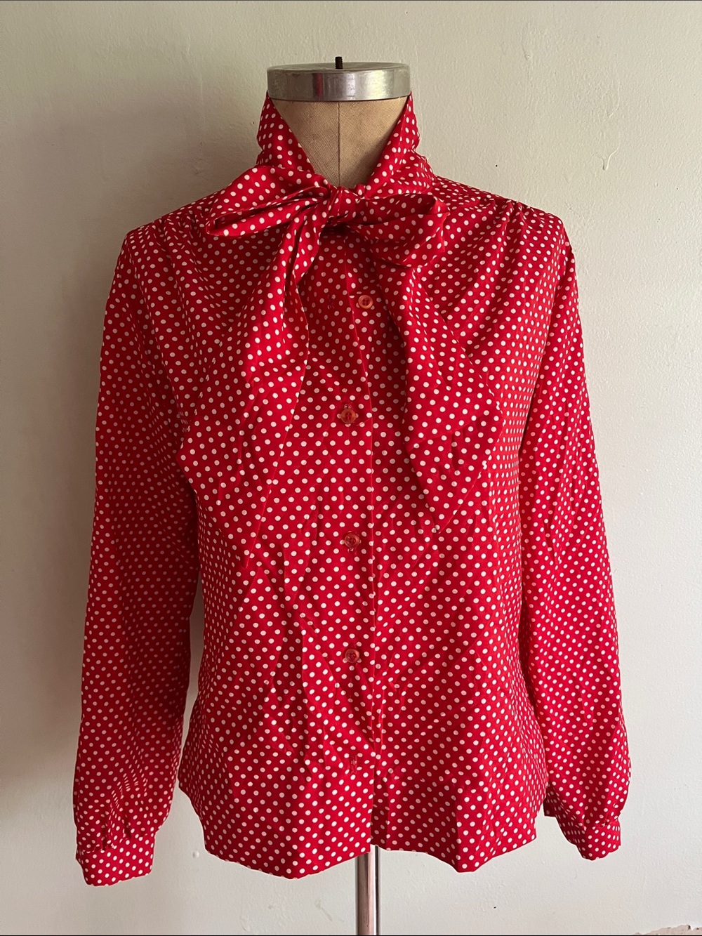 Vintage Sears red and white polka dot bow tie blouse